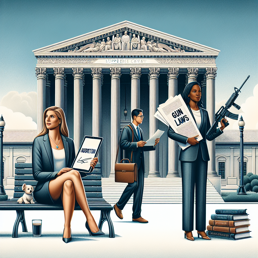 An elegant depiction of a historic stone courthouse with large pillars. Outside, a Caucasian woman in a business suit holds a tablet device displaying important documents related to abortion laws. Near her, an Asian man in a law firm attire is seen holding pages related to gun laws. On a nearby park bench, a Hispanic woman, appearing as a student with stacks of books and papers related to student loans. Let the courthouse represent the Supreme Court, and the individuals and their documents symbolize the key rulings on abortion, gun laws, and student loans.