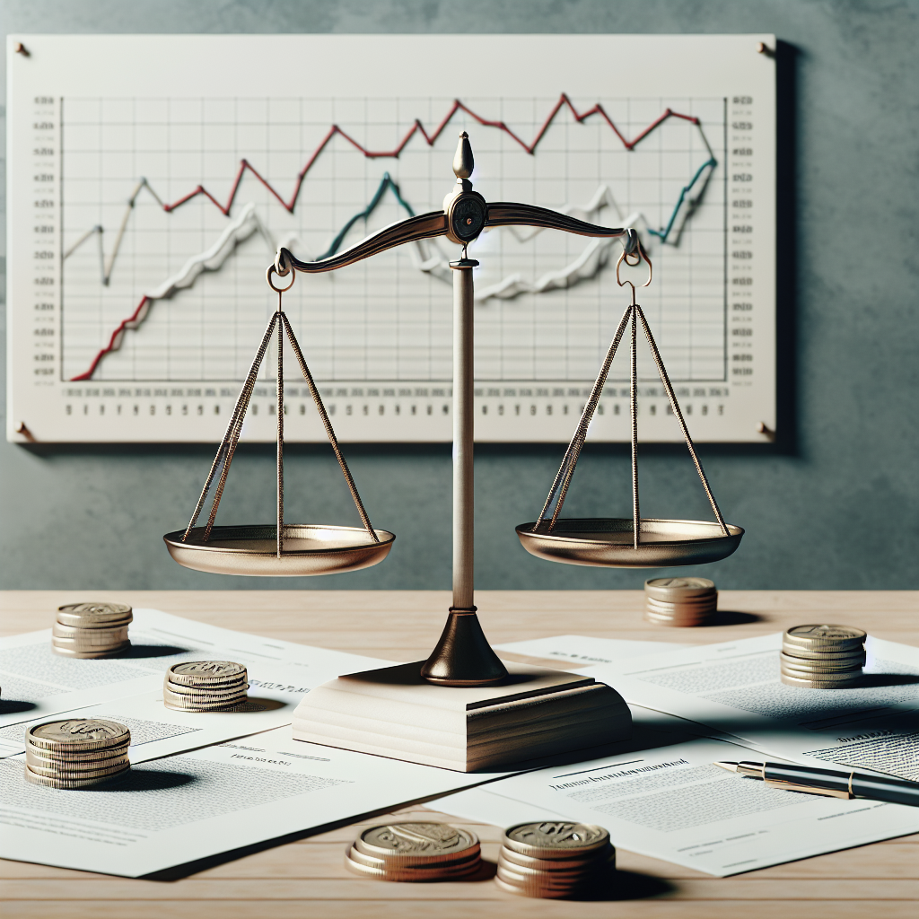 Depict a minimalist scene of scales, representing balance and decisions, on a wooden desk. Add a display screen of a line graph in the background indicating fluctuations in interest rates over a span of time. Include possibly visible words like 'Federal Reserve', 'inflation', and 'management'. Scatter on the desk, important financial documents, a printed article with headline 'Must-Have Tips for Managing Inflation' and a couple of official looking seals to represent authoritative decisions.