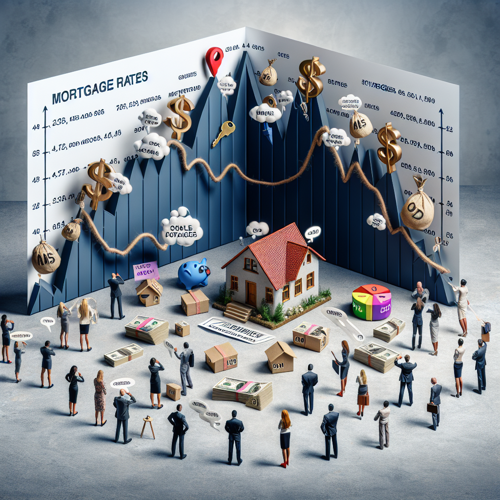 Visualize a scene featuring a graph showing skyrocketing mortgage rates, with symbolic elements suggesting a turbulent housing market. Around this graph, portray a small, diverse group of homeowners of different genders and descents. Each homeowner should be depicted puzzling over the roller-coaster-like image of the chart, while sifting through an array of strategies strewn around them which are symbolized with real estate related icons like a house, a sold sign, keys, and a contract. The overall atmosphere should be challenging yet not entirely hopeless, underlining the gravity of the crisis while hinting at the existence of possible solutions.