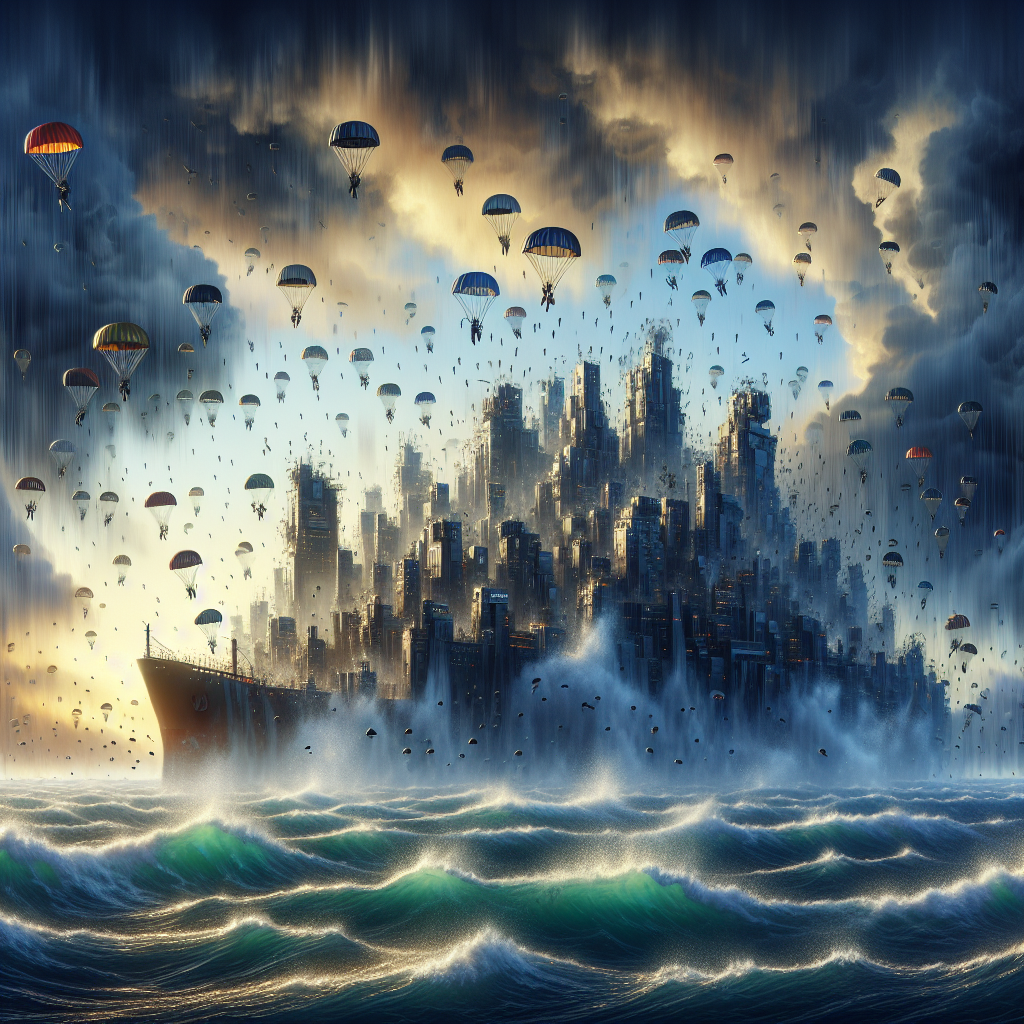 A dramatic visualization of the theme 'Navigating through challenging times in the tech industry'. Create an image showing symbolic representations of various technology companies, depicted as large edifices or titanic structures, teetering in a turbulent sea initiated by a storm. To depict the impact of layoffs, show numerous tiny parachutes, suggesting employees exiting the companies. Do not depict any logos or identifying characteristics of specific companies. The atmosphere should be that of a stormy sea, symbolic of unsettled industry conditions.
