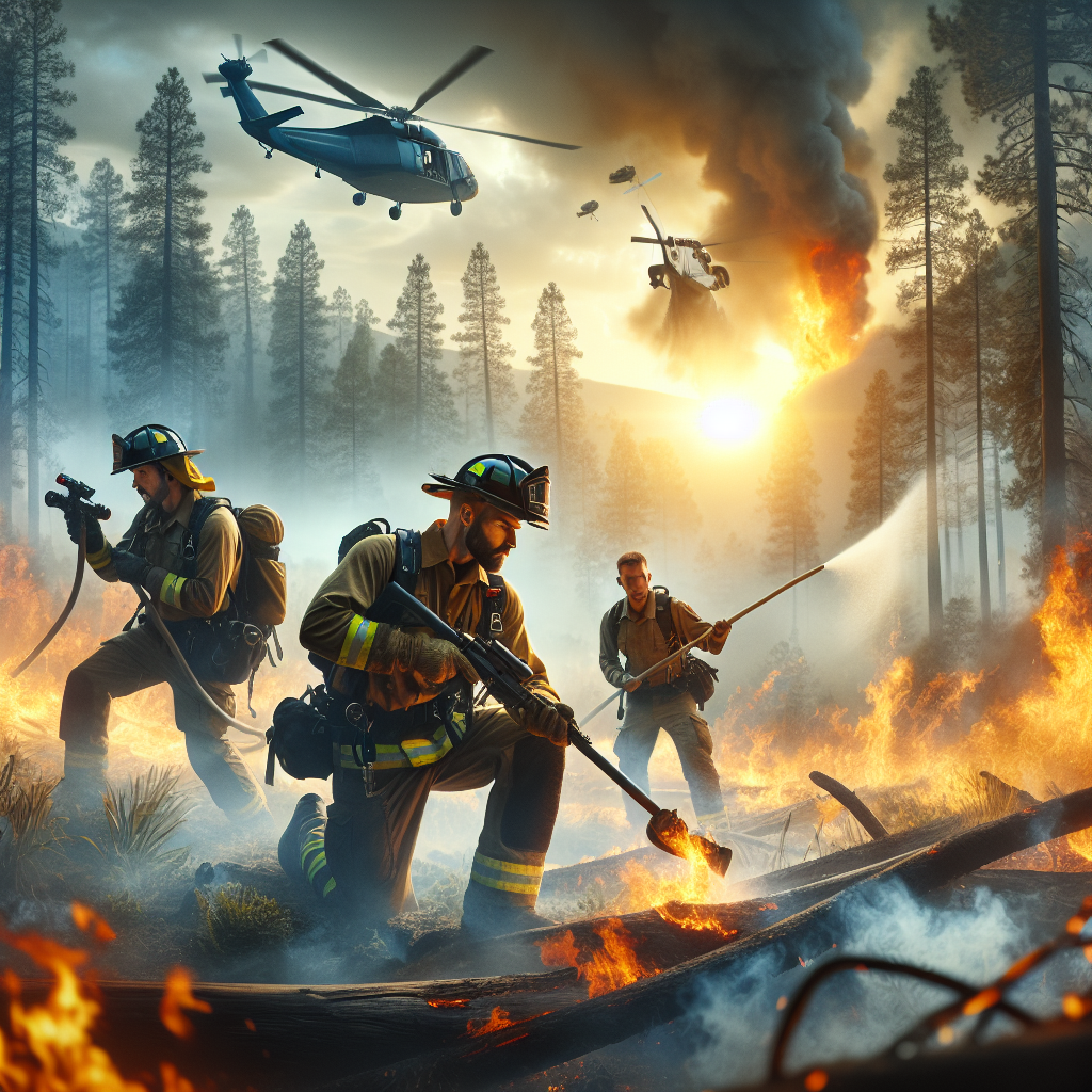 Depict an intense scene of firefighting professionals managing a wildfire during an extreme heatwave. In the foreground, a team of firefighters, consisting of a Hispanic woman, a Caucasian man, and a Middle-Eastern man, are strategically tackling the blaze with advanced firefighting equipment. The environment should be a vast woodland area engulfed in flames, smoke, and ash, highlighting the severity of the situation. In the background, highlight the blazing sun to signify the extreme heatwave. Also include a helicopter dropping water on the fire to illustrate a multi-pronged approach. The image should capture the efforts, courage, and determination of the firefighters.