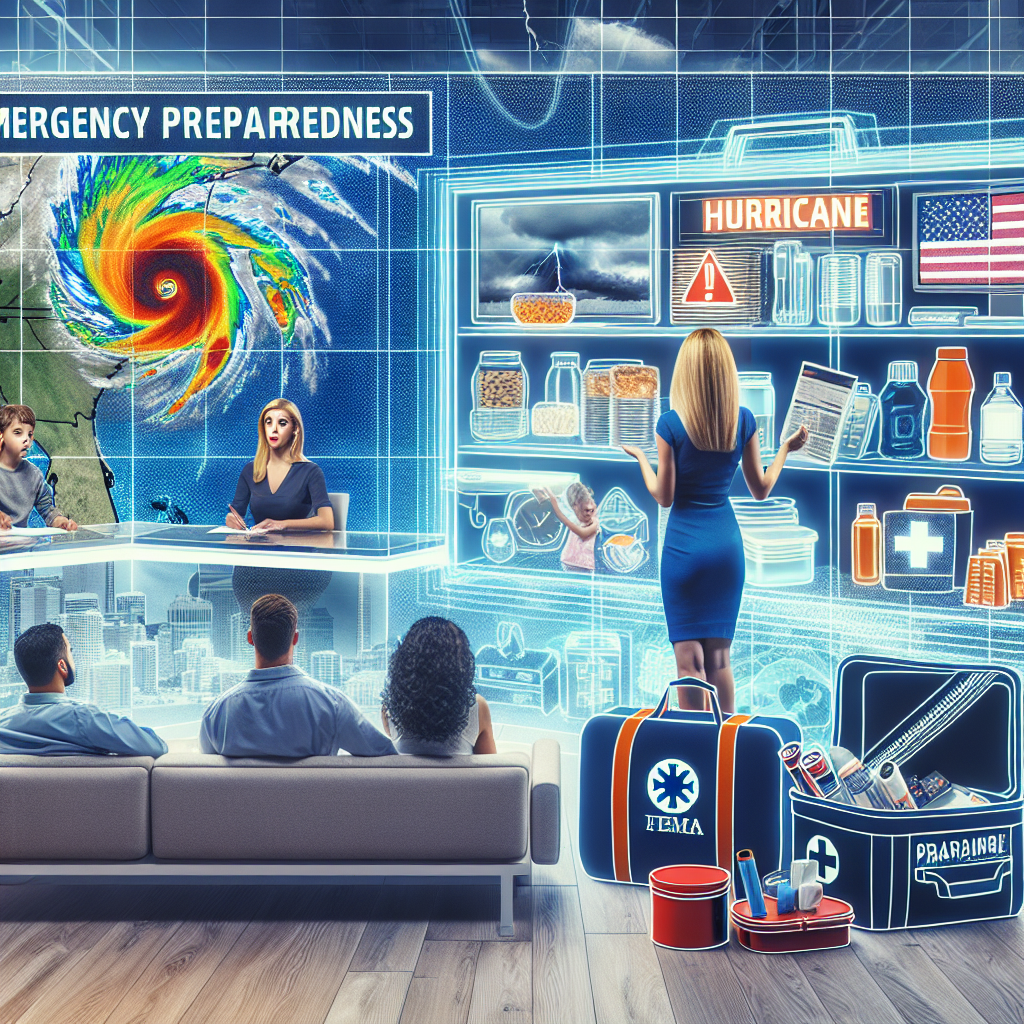 Conceptualize an image illustrating the theme of emergency preparedness for hurricane season. The image is divided into three sections. The left side displays a Caucasian female meteorologist reporting weather updates on a large screen, highlighting a hurricane warning symbol. The central section portrays a packed emergency preparedness kit including batteries, flashlight, canned foods, bottled water, and a first aid kit. The right side of the image shows a Middle-Eastern family, consisting of a father, mother, and two kids, attentively watching the weather report on a television inside their living room. Overlay the image with a large, semi-transparent banner that reads 'FEMA Emergency Preparedness Updates: Essential Hurricane Season Alerts'.