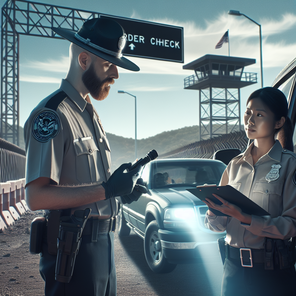 An image of a border patrol officer observing an incoming vehicle at a checkpoint during the day. The officer is a middle-aged Middle-Eastern man in his uniform, holding a flashlight and stands by the road sign indicating 'Border Check'. A younger South Asian female officer, also in uniform, holds some documents while talking to the driver. In the background, you can see a tall metallic fence representing the border, a watchtower, and some hills. On the clear sky above them are the words 'Immigration Policy Changes: Must-Have Updates on Border Security'.