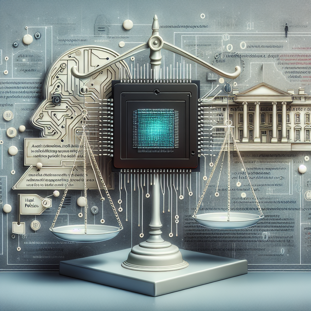 A conceptual representation of Artificial Intelligence Regulation focusing on ideal policy approaches. The composition displays an AI chip connected to a design resembling the map of the United States. Adjacent to it are two scales, symbolizing balance and regulation, weighted by some abstract shapes representing policies. A background metaphorically illustrating technology and law, with binary code and legal paragraphs subtly overlaid. Please, exclude any direct or indirect visualization of the White House or public figures from this rendition. Use muted tones and simple, clean lines to emphasize seriousness and professionalism.
