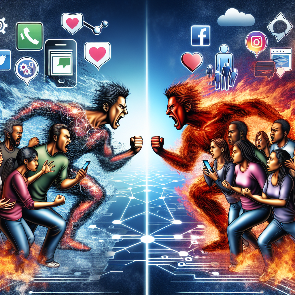 An interpretation of technology tension escalating, represented by two opposing sides in a fierce debate. On one side, personify a mobile phone application logo, inflamed in battle stance, depicting the sensation of controversy. The other side consists of a diverse group of people, male and female, of Hispanic, South Asian, Black, Middle-Eastern, and Caucasian descent, displaying perturbed expressions while discussing intensely. The background is filled with digital elements such as network nodes, lines of code, and social media icons to represent the digital world backdrop of this conflict.