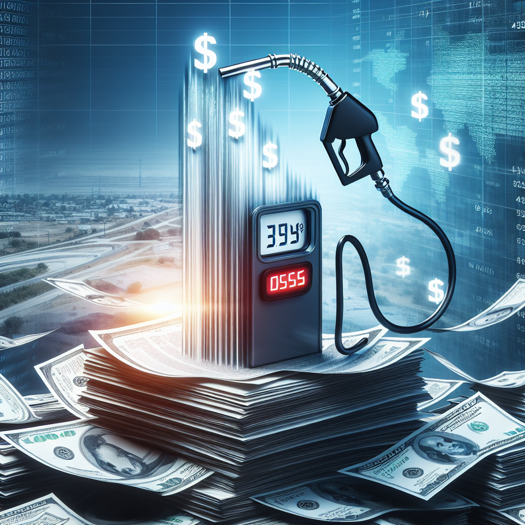 Depict a concept image that symbolises the dramatic fall in gas prices in the United States. The image could feature a stylized fuel pump with the dollar symbol on it, and the numbers on its display trickling down like a waterfall, signifying decreasing prices. The background could be a series of policy documents, stacked high, with some key phrases like 'Energy Policy' and 'Shifts' highlighted. The scene takes place in a day time with urban landscape at distance, giving an impression of the relation between cities and the energy sector. Emphasise a sense of dynamic change.
