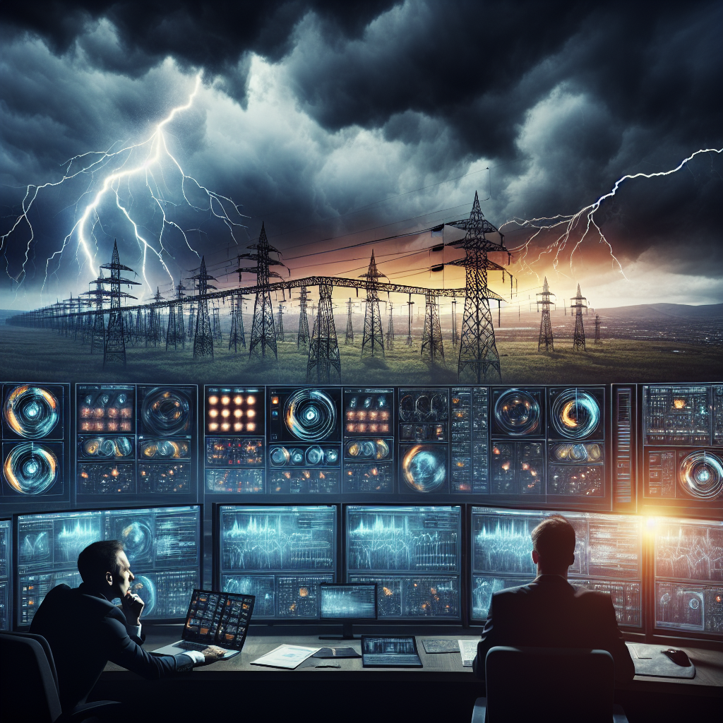 Visualize a nationwide power grid system that extends across a vast landscape under an ominous twilight sky. Suddenly, a lightning bolt strikes a crucial part of the grid, causing an immense power failure and leading to a total blackout. Alongside this main scene, is a smaller image of a concerned man in a suit, likely an energy sector executive, observing the situation unfold on multiple computer screens in a dimly lit command center, highlighting the potential risk and threat of such events. This is meant to capture the imminent danger and urgency of nationwide blackout alerts.