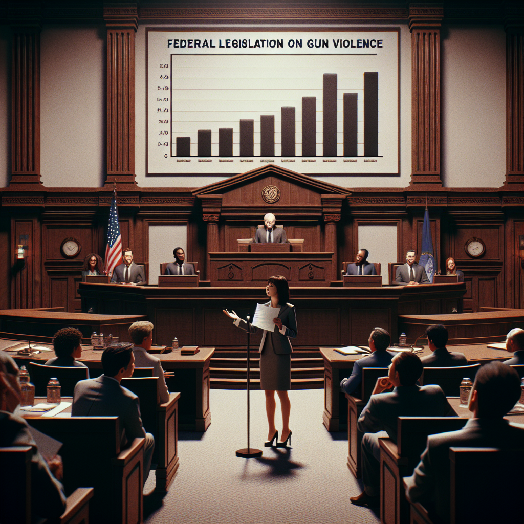 A large, vintage-style courtroom steeped in solemnity. In front of a grand wooden judge's bench, an ambitious Asian female legislator stands holding a document titled 'Federal Legislation on Gun Violence'. She is passionately advocating for stricter controls in front of an attentive and diverse panel of lawmakers. A bar graph on a large screen behind her displays a rising trend of gun violence incidents. The atmosphere is intense, embodying the gravity of the issue at hand.