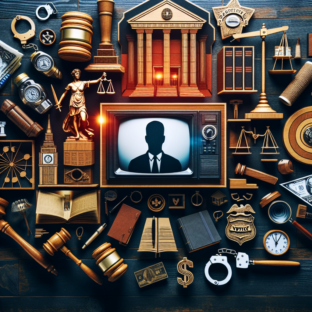 Generate a conceptual image that represents High-profile criminal trials and must-see verdicts in the US justice system. The image should include symbols that are often associated with justice such as a courthouse, a judge's gavel, law books, justice scales, and perhaps crime-related symbols like handcuffs or a prison. Also include a TV screen showing a non-descript, unidentifiable person giving a verdict to imply that it's a must-see event. Make sure to design a mix of brightly and darkly lit areas to portray the contrast between crime and justice.