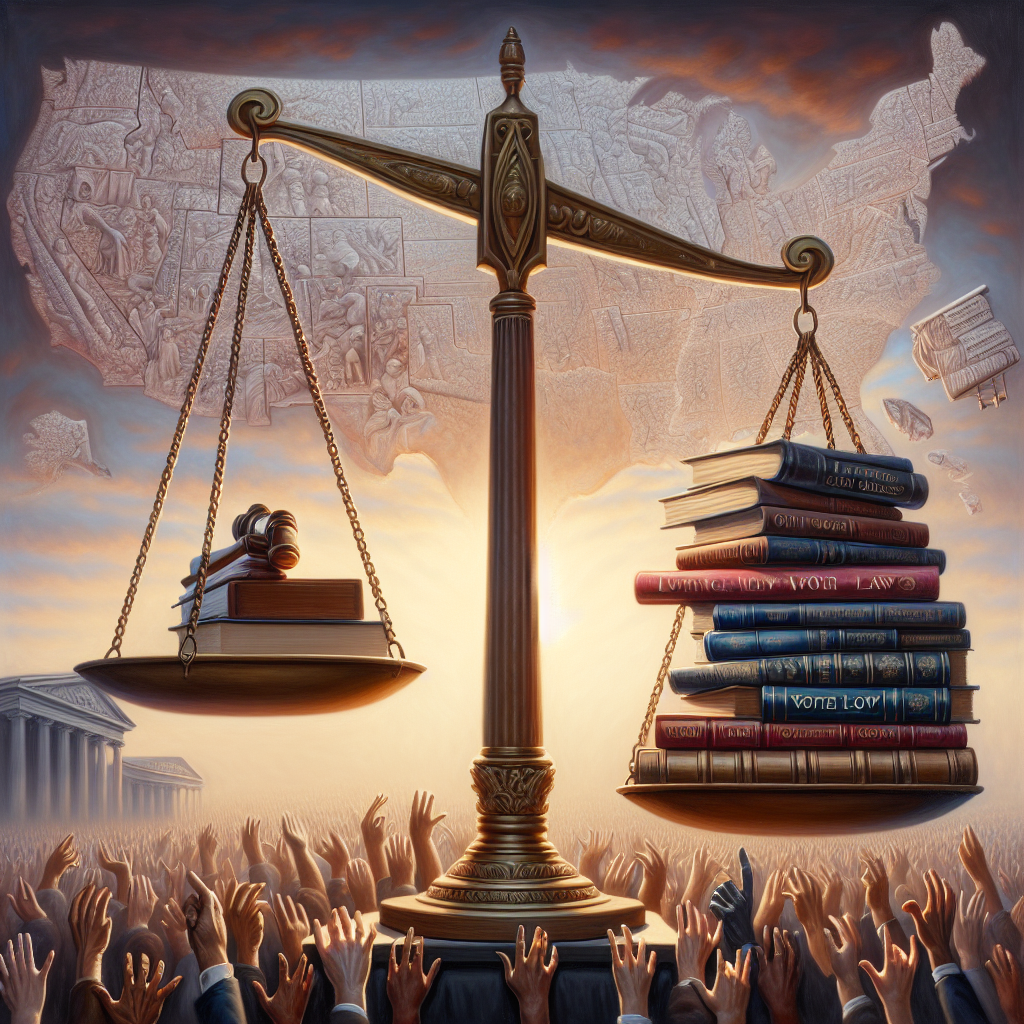 Visual representation of a scale balanced between a stack of books symbolizing knowledge and law, with the title 'Voting Law Changes' on the spine of the top book, and a scattered collection of diverse hands casting votes on the other side. In the background, there's an abstract representation of the United States map. The atmosphere is pensive, reflecting the tension in the air of the aftermath of an election. All the elements are bathed in the soft glow of dawn, indicating a new beginning. No specific public figures or politicians are present in the scene. The medium is oil painting, inspired by the realism of the late 19th century.