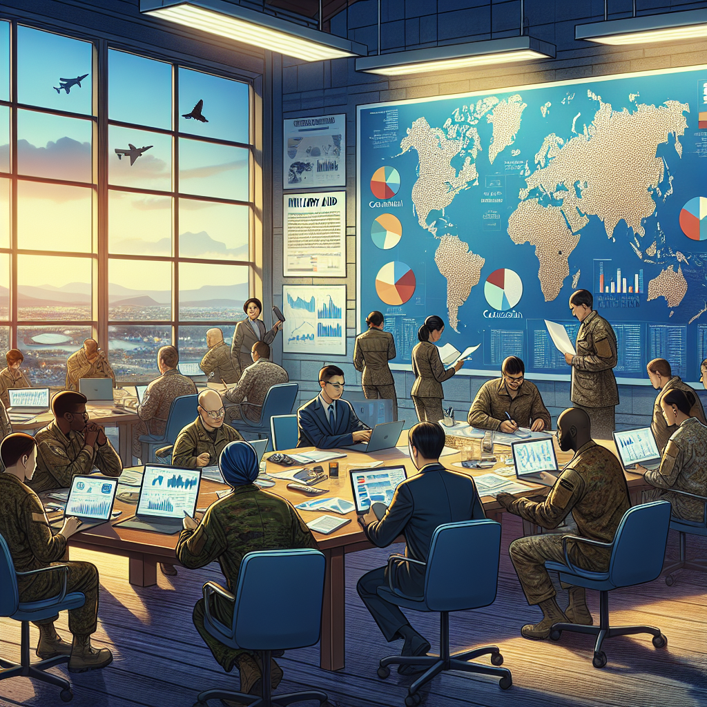 Depict an analytical scene in the context of global security. Showcase a room filled with individuals from diverse descents such as South Asian, Hispanic, Caucasian, and Black, working together. These individuals are military strategists, studying a large world map on the wall. Papers with statistical data and pie charts indicating key factors in military aid decisions are spread across the table. It's a diligent atmosphere, marked with educational posters about military strategy and international relations on the walls. They are in uniform, displaying unity and commitment. The room has large windows offering a view of a calm evening skyline. Note, this is a peaceful illustration highlighting cooperation and strategy, not warfare.