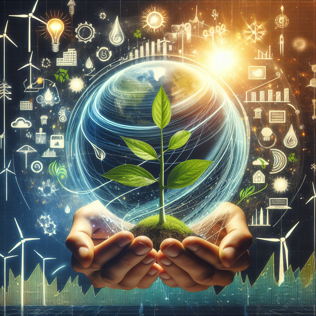 Visualize an image representing the concept of clean energy investments with a touch of effortless strategies. While doing so, depict a pair of hands holding a leafy, green sapling against the backdrop of a swirling globe to symbolize the nurturing of nature. This environment-friendly sphere is overlaid with traditional symbols of renewable energies, such as a shining sun, wind turbines, and water wheels. Also, imagine a symbolic chart showing a rising trend, illustrating the boost in climate change legislation. To encompass the idea of diversity, include the hands as an Asian male's and a Hispanic female's.