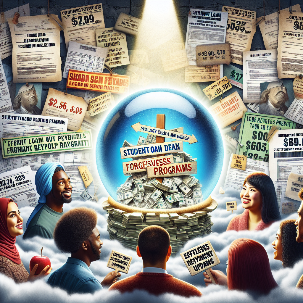A chaotic scene of numerous student loan statements, interest rates and dollar figures interspersed with the faces of diverse students - Middle-Eastern man, Black woman, South Asian woman, Hispanic man. In the midst of the chaos, a ray of light is breaking through a cloud, illuminating a signboard with 'Student Loan Forgiveness Programs' written on it. Beside the signboard, an effervescent crystal ball is predicting the future with 'Effortless Repayment Updates' floating inside. The whole scene should feel chaotic yet hopeful, encapsulating the turmoil and relief linked with our modern student loan system.