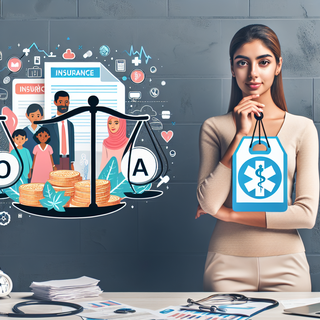 Create a visual representation of the concept of affordable healthcare, with illustrations of key elements like insurance documents, a stethoscope, a low-cost tag, a healthy family of different descents such as Caucasian, Asian, and Hispanic. Also, illustrate a balance scale showing coins on one side and a medical cross symbol on the other to signify the balance between cost and healthcare. This setup should be within a modern office setting with a middle-eastern female professional explaining the reforms to a diverse group of people.