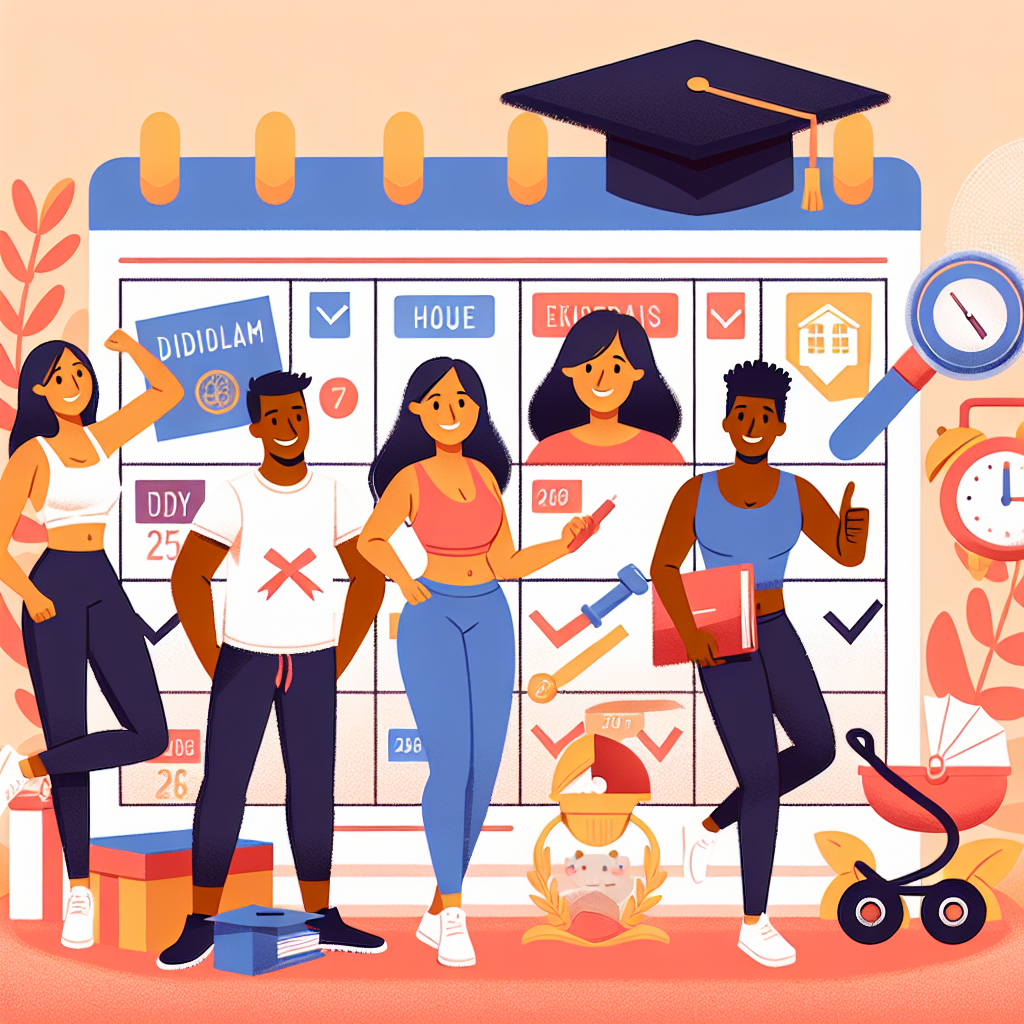 An illustrated feature image for an article about key health updates and significant events. The image should have several people characterized by their fitness level and excitement, displaying their health progress. Also include representative icons for major life milestones, like a diploma, a house, and a baby carriage. The backdrop could feature a large, modern calendar highlighting important dates. The people in the image should consist of an Asian woman, a Middle Eastern man, a Black woman, and a Hispanic man, all dressed in casual clothes. Colors should be bright and engaging.