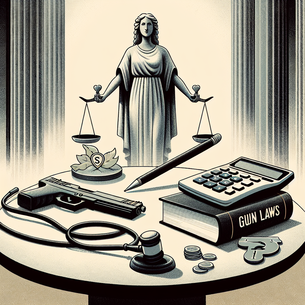 An illustration depicting the three main themes of Abortion, Gun Laws, and Student Loans in the context of legal discussions. Picture a round table with three symbolic items placed on top: 1) a medical stethoscope representing healthcare and abortion, 2) a gavel representing legal aspects of gun laws, and 3) a stack of textbooks and a calculator symbolising student loans. The background features a large, looming figure of Lady Justice holding her scales and sword, representing the US Supreme Court. Ensure the scene is set in a grand courtroom, with muted tones of gray and golden accents.