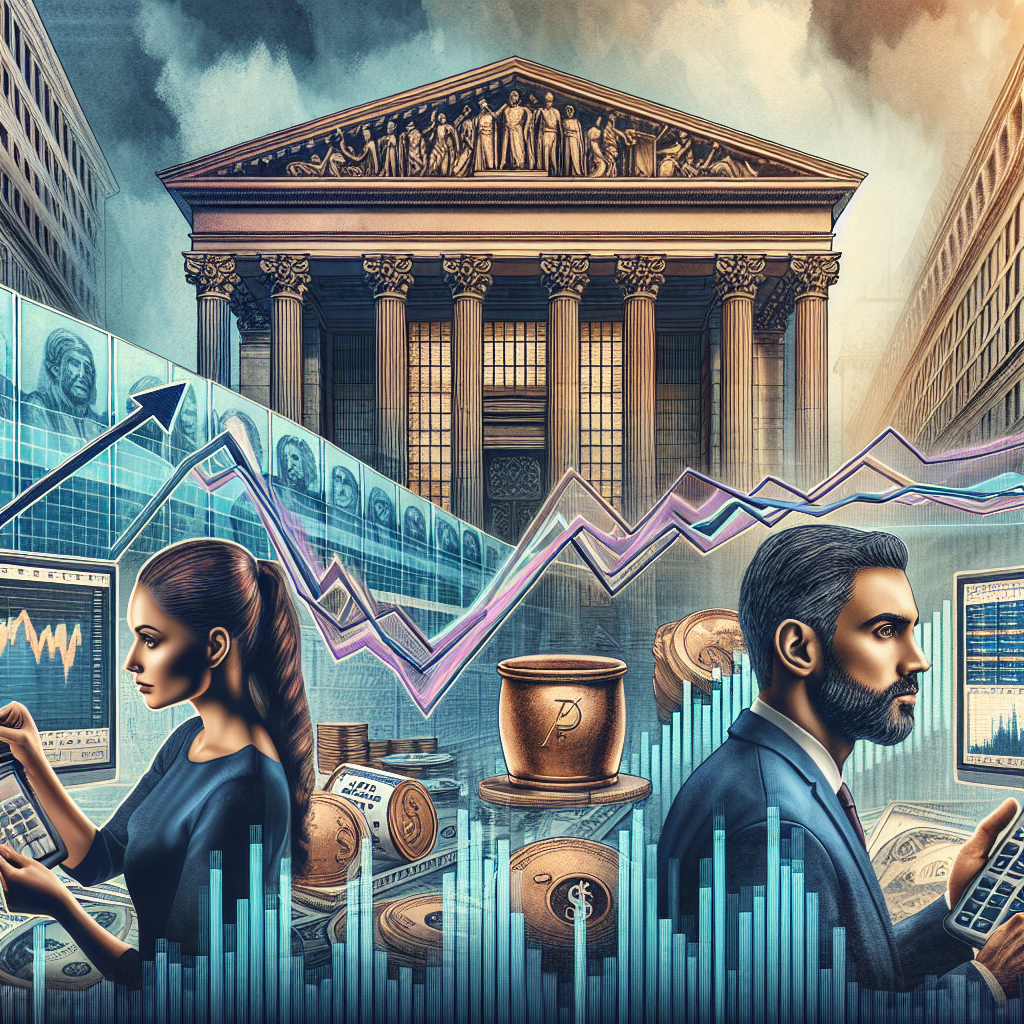 Depict a detailed financial scene. To the left, visualize the exterior of a formidable, classical American financial institution - massive columns, tall arched windows, and a giant bronze door. To the right, a graph showing a fluctuating line representing interest rates, with a bold arrow, indicating an upward trend. In the centre, a diverse group of economists - a Hispanic woman and a Middle-Eastern man, both meticulously analyzing various financial tools such as calculators, economic graphs, historical charts, and computer screens displaying international currencies and stock market indexes. They appear focused and determined, ready to use their knowledge to tackle inflation.