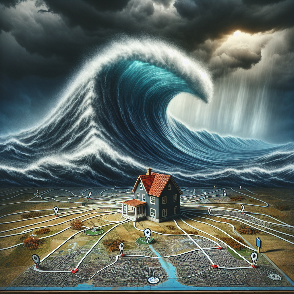 Depict a complex visual metaphor to illustrate the situation of the US housing market crisis. Show a large wave, symbolising rising mortgage rates, threatening to engulf a small house, representing the average American homebuyer. Surround the house with tiny markers, such as a compass and a roadmap, symbolising the best strategies to navigate the crisis. The sky overhead should be dark and stormy, indicative of the current economic climate. The landscape should be barren to highlight the focus on the house and wave.