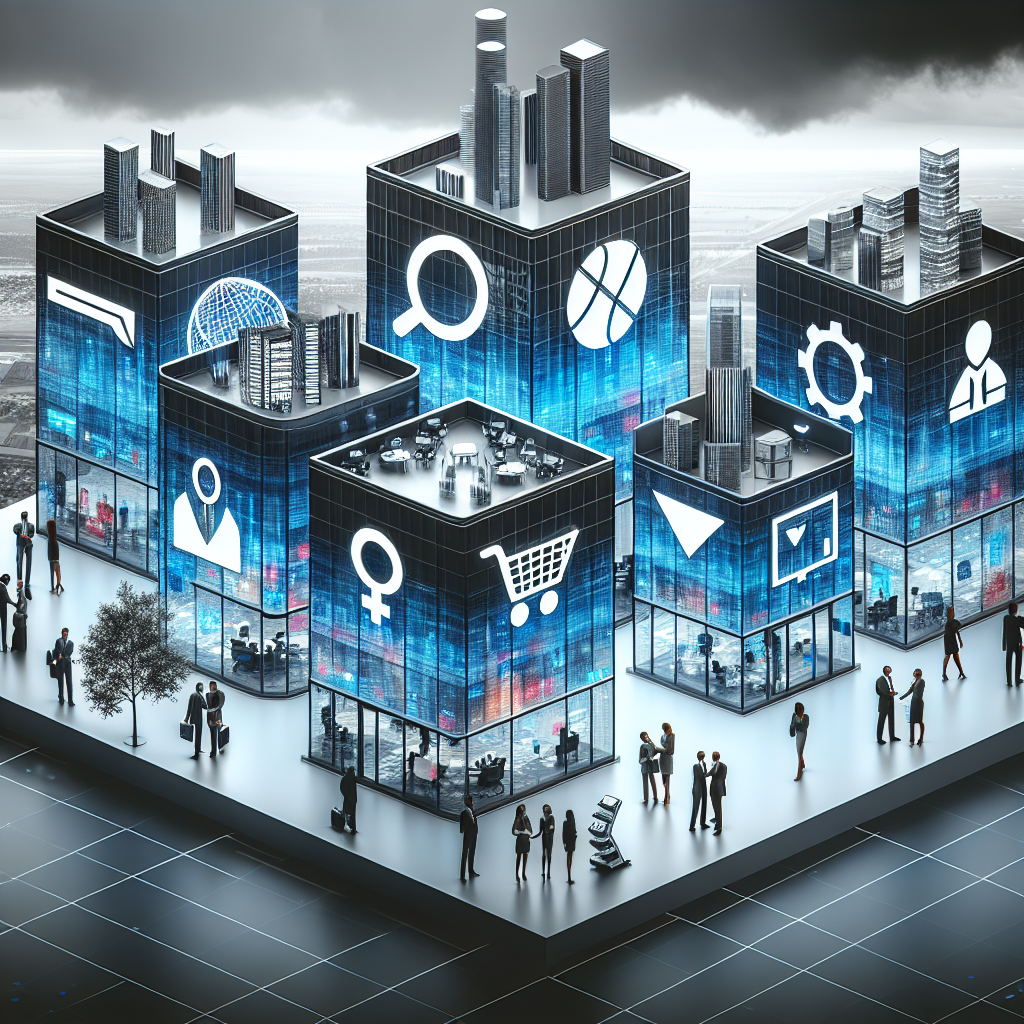 A computer-generated 2D illustration demonstrating the concept of tech layoffs in the abstract. The image should depict four distinctive modern corporate buildings representative of technology companies. Each building should be distinguished by a simple but identifiable logo or symbol (a search magnifying glass, a shopping cart, a globe, and a futuristic car). Employees with identified gender and descent, Caucasian female, Hispanic male, Black male, and Asian female, shown both inside and outside the buildings, having conversations or meetings. Gloomy weather, or other subtle cues, could suggest a climate of uncertainty.