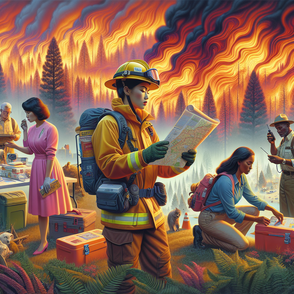 A vividly detailed scene of a wildfire demonstrated in the background with plumes of smoke and fiery orange and red hues overtaking a forest. In the foreground, a diverse group of individuals demonstrating preparedness. A South Asian woman is dressed in protective gear, inspecting a map. A Black man is double-checking supplies in his emergency backpack. A Caucasian woman is setting up a shelter, while a Middle-Eastern man is tuning a portable radio for updates. The extreme heatwaves are palpable, represented by waves distorting the air and the ground. This image highlights the importance of readiness for wildfire emergencies.
