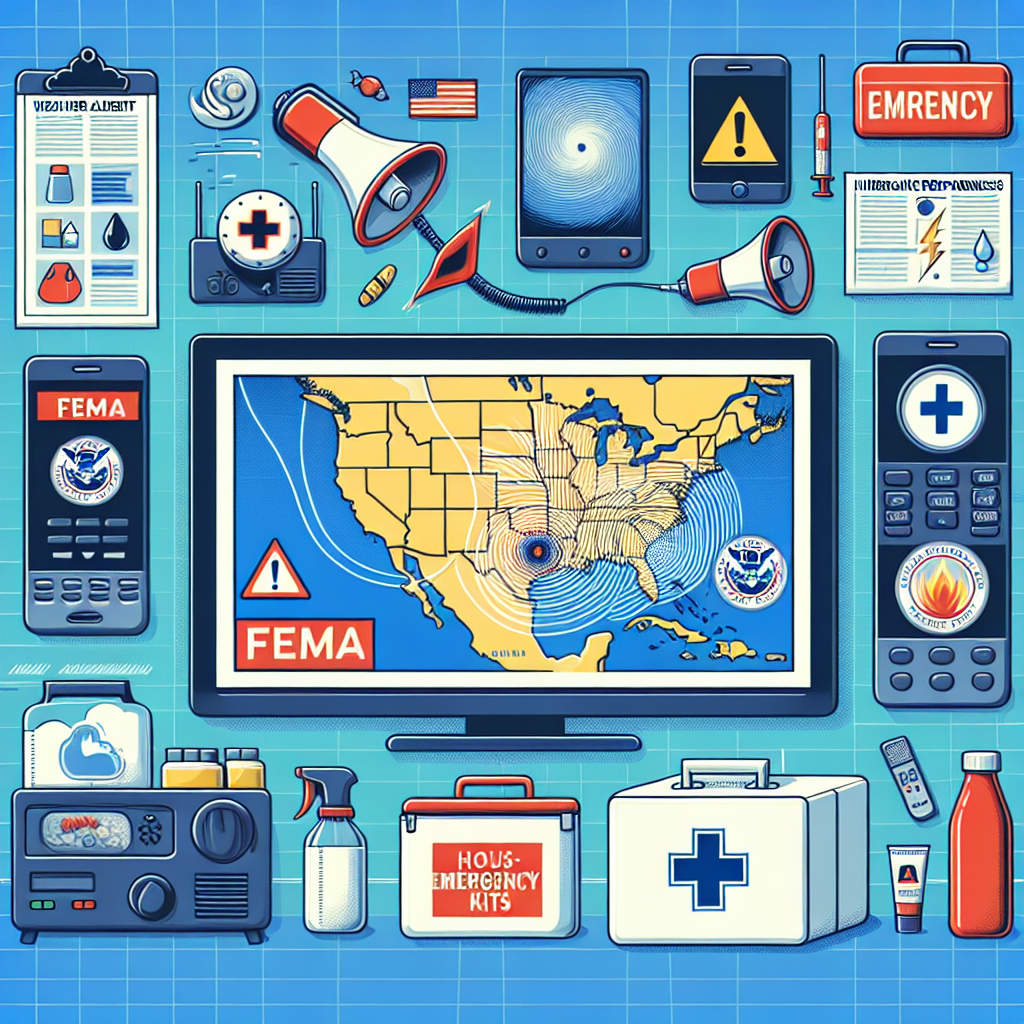 Illustrate a concept related to FEMA Emergency Preparedness during hurricane season. This should contain thematic elements such as broadcasted weather alerts on television, radio, or mobile phone, plus detailed maps forecasting hurricane paths, with corresponding safety symbols and warnings. Work in some imagery of household emergency kits stocked with first aid supplies and non-perishable foods. Try to capture the sense of urgency and seriousness these alerts bring.