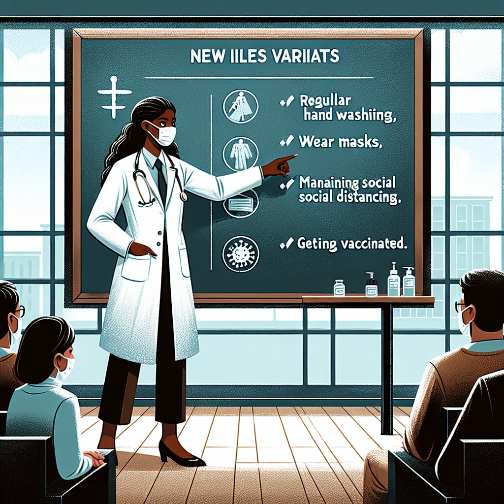 An illustration of a medical specialist providing tips for combating a new illness variant. The specialist, a Black woman, exudes professionalism in a white coat. She is pointing towards a large chalkboard showcasing simple diagrams and bullet points outlining key advice, such as regular hand washing, wearing masks, maintaining social distancing, and getting vaccinated. The room has an authoritative air, perhaps a well-lit seminar room with modern design. On the floor, a few attendees are attentively listing - a Middle-Eastern man, a South-Asian woman and a Caucasian man, depicting a sense of global unity against health threats.