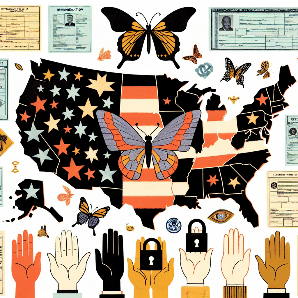 Illustration of a classic map of United States, laid out flat. Imposed onto the map are symbolic depictions of change, represented by a butterfly, and security, depicted through an iconic padlock. Around the map, there is a collage of layouts from varying immigration forms and applications. On the corners of the illustration, show four individual hands of various descents: Caucasian, Hispanic, Black, and Asian, each holding a piece of the map, symbolizing shared involvement in immigration policy.