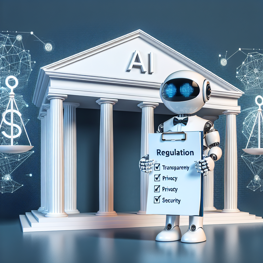 Visual representation of a grand symbolic white architectural structure, similar to the concept of an important government building. Next to it, an AI robot character wearing a suit, holding a document labeled 'AI Regulation'. The robot is designating best practices highlighted on the document for transparency, privacy, and security. Include abstract elements in the background to signify optimal policy, such as scales of justice symbolizing balance and fairness.