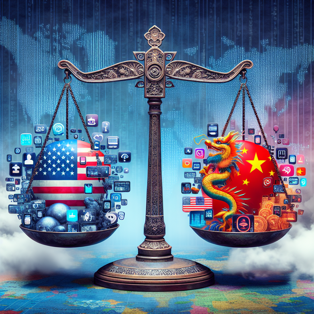 Create a conceptual depiction of the following scenario: A large, traditional weighing scale placed in the center of the image; on the left-side pan, illustrate modern technology icons such as smartphones, apps, and data clouds, representing the US. On the right-side pan, picture similar technology icons mingled with Chinese traditional symbols (like the dragon or Great Wall), representing China. At the top of the scale, display the words 'TikTok Ban Debate'. Around the scale is an abstract representation of global map, symbolizing the international implications of the situation. The entire scene should convey a tense atmosphere.