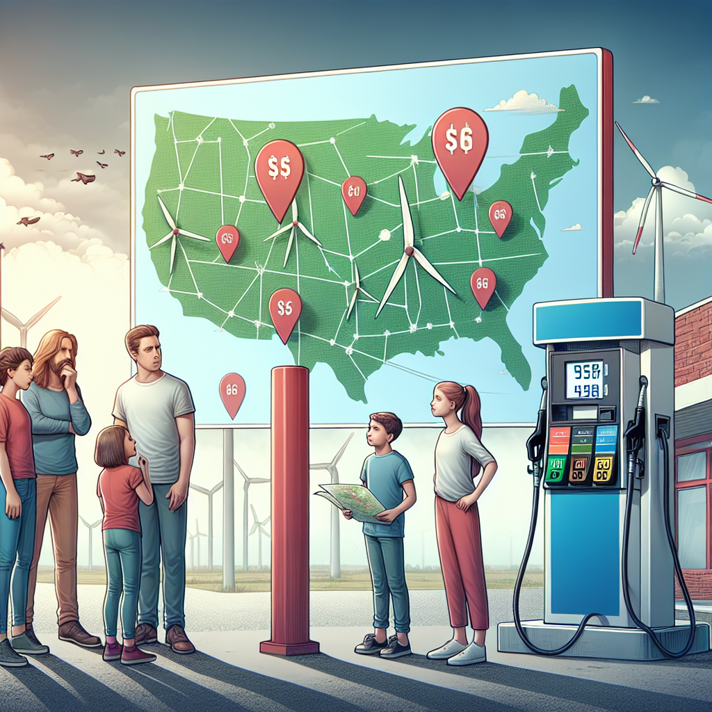 Depict an image of a gas pump with high prices reflected on its digital display in a morning setting. A family of different descents and genders is discussing nearby, holding a map of energy grids overlaid with renewable energy sources such as wind turbines and solar panels. Their expressions reveal concern but also determination. Insert a banner in the sky above the scene that reads, 'Gas Prices Soar: Best Strategies for Navigating Energy Policy Shifts'. Take care to convey a concept of transition towards sustainable and affordable solutions.