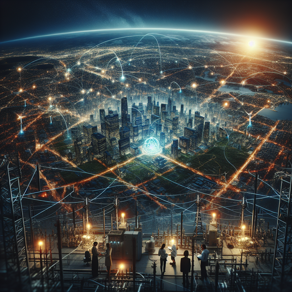 Imagine a vast bird's-eye view of a city with complex power grid networks, represented by glowing lines connecting various structures. This bustling metropolis fades into darkness as a power failure spreads across the landscape. But there's a beacon of light - an innovative power plant employing renewable energies from sources like wind, solar, and tidal, resistant to the blackout. Nearby, a team of diverse individuals - Caucasian woman engineer, Black male technician, Hispanic female scientist, and Middle-Eastern male project manager - cooperatively working on grid maintenance and upgrades. The scene symbolizes effective means to prevent nationwide blackouts. 