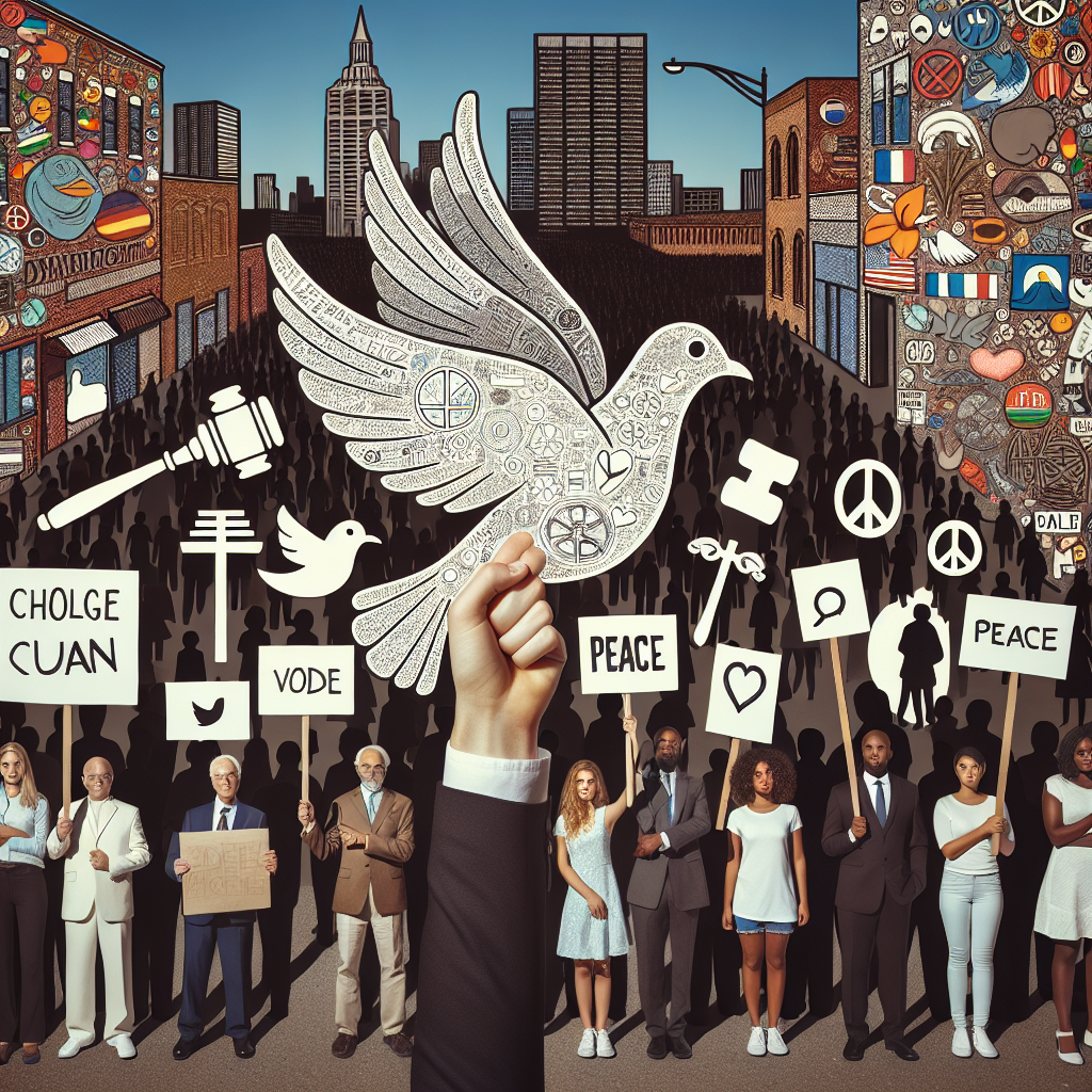 Create an image that represents the central theme of gun control legislation aimed to combat gun violence. Include symbols associated with peace, such as a white dove, and symbols for legislation, like a gavel. Factor in a line of diverse people representing different descents such as Caucasian, Hispanic, Black, Middle-Eastern, South Asian, and also different genders. They are peacefully demonstrating, holding signs calling for peace and changes in legislation. In the background, there should be imagery suggesting city streets and architecture. Please ensure the focus remains on the peacefulness of the gathering and the central topic of gun control.