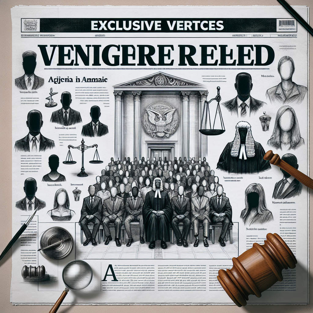 Imagine a missive newspaper article layout focused on major criminal trials in the United States. The front page headlines display 'Exclusive Verdicts Revealed.' The backdrop consists of iconic judicial symbols like a judge's gavel and scales of justice. There's a sketch of a grand courtroom, showcasing a multitude of individuals including jurors, lawyers, and a generic judge who maintains an objective posture. Each person, whether it's a Black juror, an Asian American lawyer or a White judge, represents the diversity of the country's judicial system. Sketched images of anonymous defendants & plaintiffs, respecting their confidentiality, are also seen.