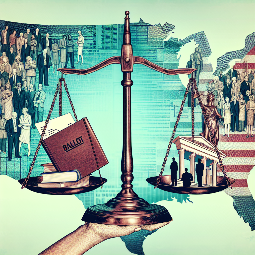 An image representing an abstract concept of changes in voting laws. Depict a large scaled, evenly balanced scale. The two sides of the scale are holding a ballot box and a legal book representing the law. Surrounding the scale, show different people diverse in descent and gender, discussing and contemplating. Follow this with a background of the US map subtly faded, giving a sense of location without dominating the image. Please follow these instructions broadly and do not include recognizable symbols or individuals.