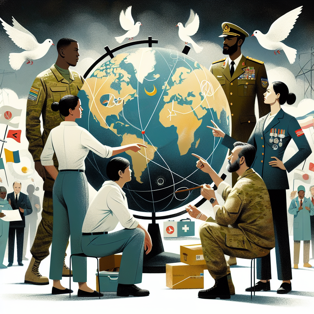 Illustration of a group of strategic leaders around a large globe. The leaders include a Caucasian woman in a military uniform, a Black male civilian advisor, and a South-Asian female diplomat. They are all discussing strategies, pointing to different parts of the globe, with symbols of peace, like doves, olive branches and white flags, floating around. The atmosphere is serious but hopeful. On the background, include elements representing aid, such as boxes of food, medical supplies, and construction tools. Let the colors be muted, symbolizing the gravity of the situation yet mixed with bright accents reflecting optimism.