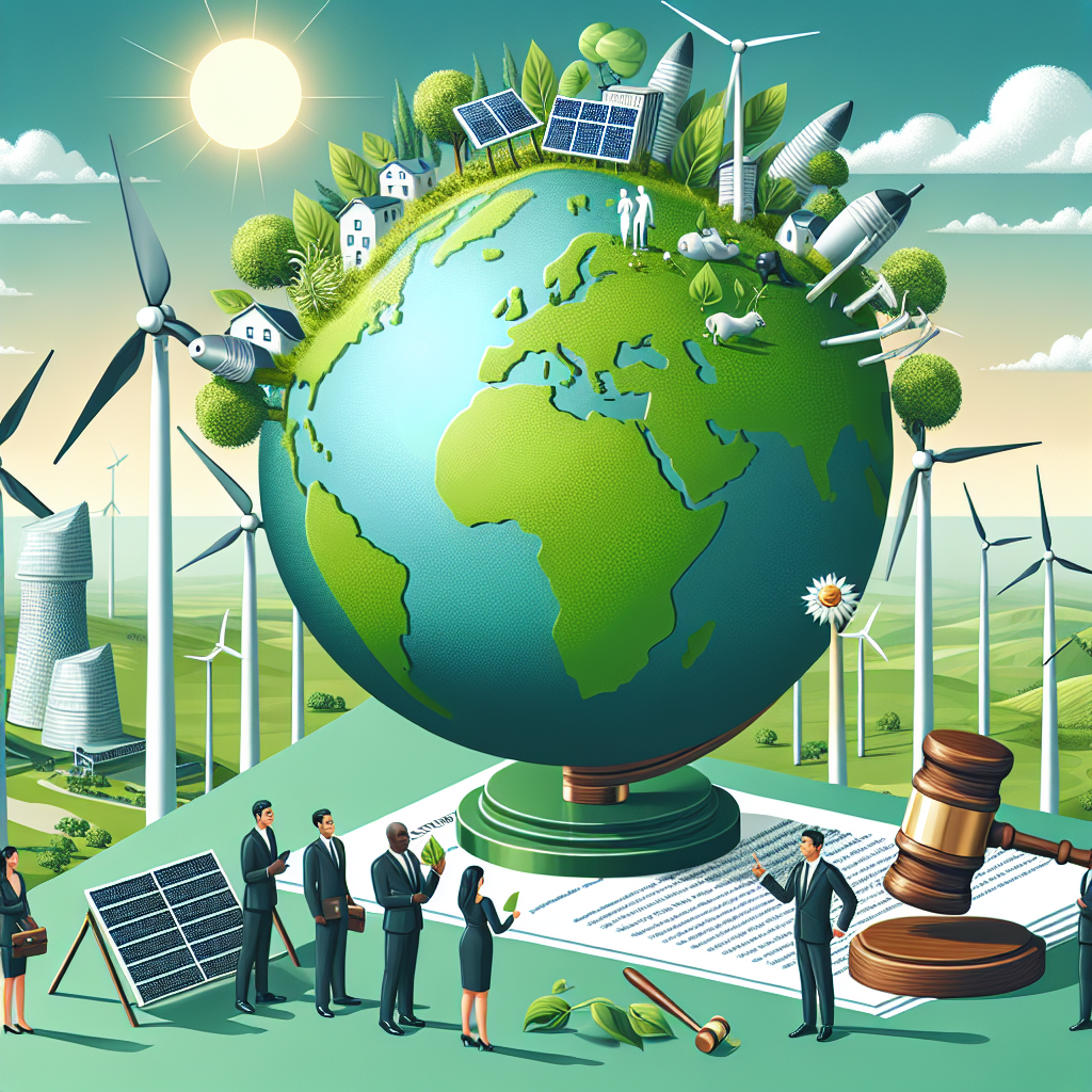 Illustrate the concept of climate change legislation, focusing on clean energy transformation. Picture a green globe with solar panels and wind turbines on its surface. In the background, imagine a bright sunny sky, symbolizing a brighter future. Nearby, a gavel strikes down on a document titled 'Climate Change Legislation', signifying governmental action. Additionally, show a group of diverse people in professional attire – an African woman, a Caucasian man, a Middle Eastern woman and an Asian man – discussing and pointing at the globe, representing global cooperation and discourse.