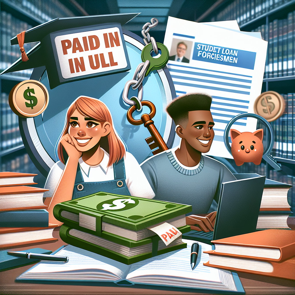 A scene depicting a diverse group of college students: a Caucasian female student and a Black male student studying in a library, looking relieved and happy. Surrounding them are visible symbols of student loan forgiveness including a giant 'Paid In Full' stamp across a pile of loan paperwork, a key unlocking a chain around a wallet symbolizing financial freedom, and a modern, sleek laptop with a news update visible on the screen about the latest updates on student loan forgiveness initiatives.