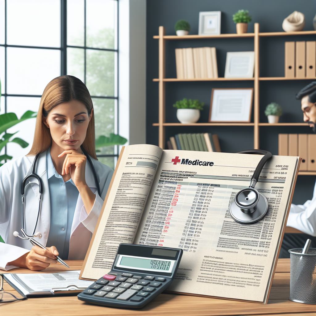 A scene of a peaceful medical office. The prominent features include an oversized stethoscope, a medical bill with noticeable reduction in costs, and a Medicare policy guide opened to a page highlighting changes. There's a thoughtful Caucasian female doctor in her 40s sitting at a wooden desk, scrutinizing the guide. Nearby, a South Asian male medical professional in his 30s is using a calculator, symbolizing cost calculation. They're in a well-lit room decorated with indoor plants, conveying a sense of tranquility and professionalism.