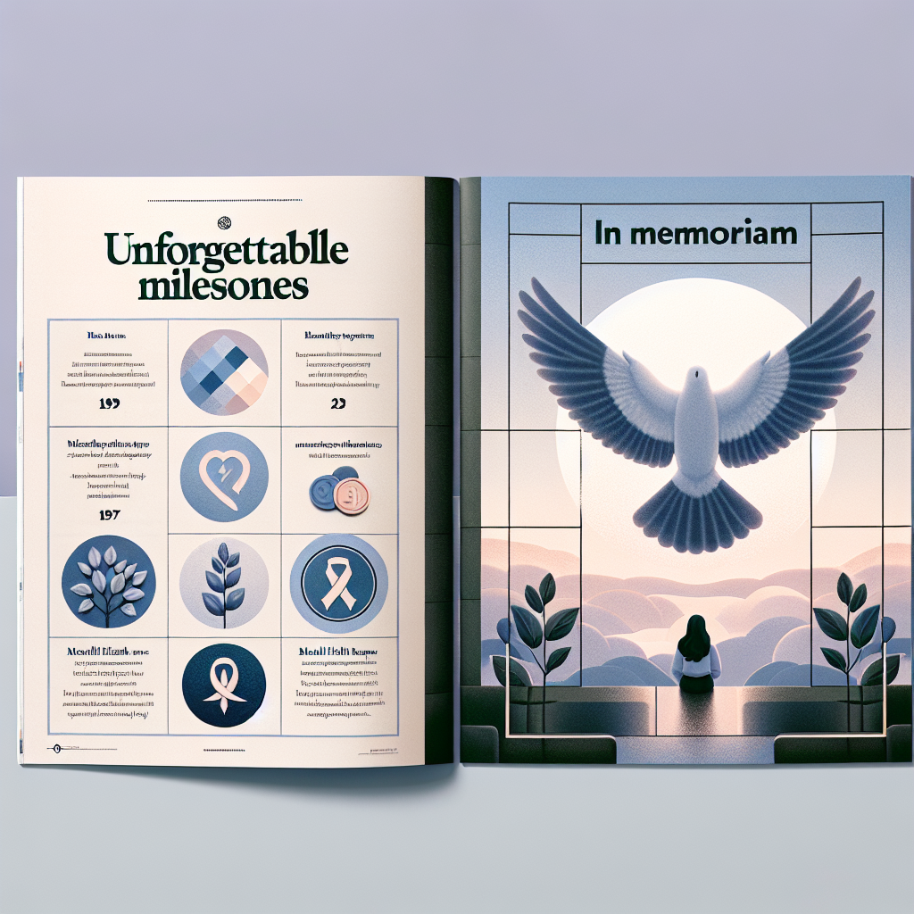 A magazine-style spread focusing on health and well-being. The left side of the image features a list titled 'Unforgettable Milestones', with icons symbolising achievements such as fitness goals, recovery from illness, and mental health breakthroughs. The right side of the image has a respectful, elegantly framed 'in memoriam' section, showcasing the silhouette of a dove flying, symbolising those who we've lost. A banner across the top proclaims 'Health Updates'. The background is a soft, soothing gradient.