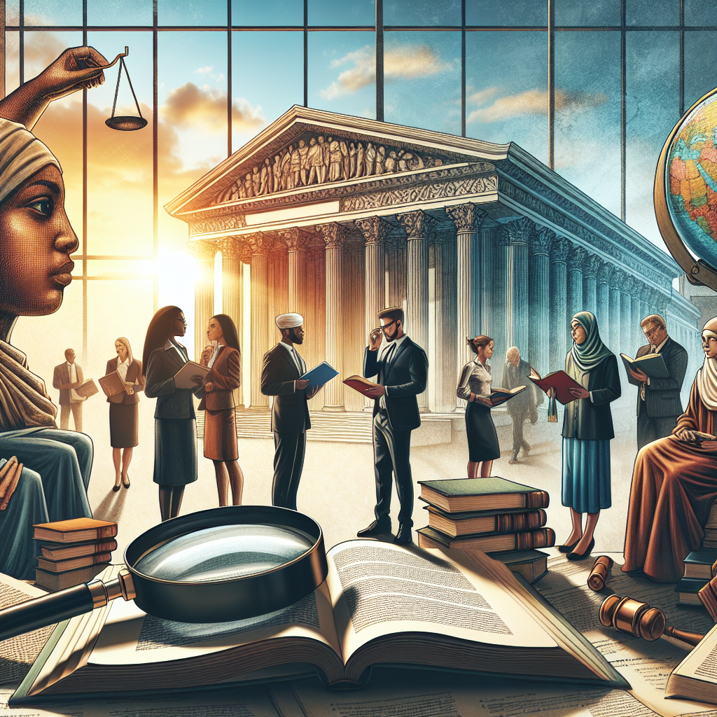 An image depicting a large, historical courthouse with the sun setting in the background. On the foreground, include diverse people from various backgrounds such as a black woman, middle-eastern man, and caucasian individuals engaged in thoughtful discussion while browsing through several books and documents about law and justice. Additionally, to signify 'insights', depict some of them holding magnifying glasses over the documents. The whole scene should embody a sense of intellectual curiosity and the serious impact of Supreme Court rulings.