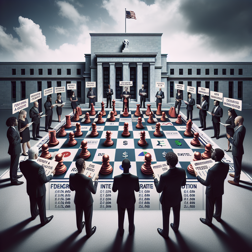 A visual metaphor representing a high-stakes board game where the players are economics experts. They're standing around a giant chess-like board that contains symbols representing the Federal Reserve, interest rates, and inflation. Each player is holding different types of strategy cards up to their chest, labeled with financial terms. The backdrop should be an imposing bank building. The players are a mix of genders and descents - for instance, a Caucasian female, a Black male, a Middle-Eastern female, and a South-Asian male. Try to visually incorporate the tension and focus common during strategic games.