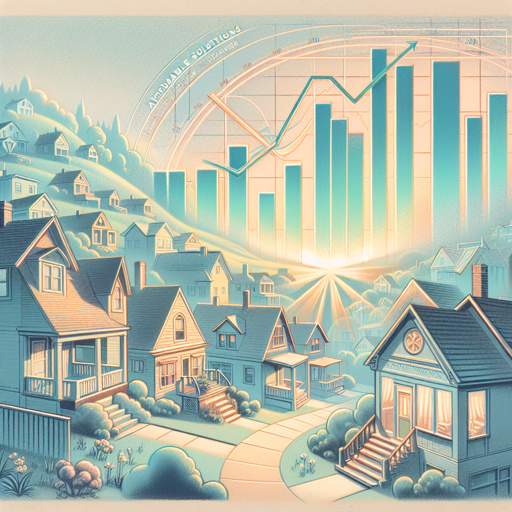 A soft pastel-colored illustration in the style of a quaint, serene neighborhood. It features quaint houses showcasing various architectural styles. There's an absence of people, highlighting the tranquility. At the heart of the illustration lies a huge bar graph subtly blending with the landscape. It shows a steady rise, symbolizing the rise in mortgage rates, then a sudden dip, symbolizing the crisis being averted. Also, a giant translucent shield, radiating warmth and protection, is draped over the neighborhood. The shield has the words 'Affordable Solutions' engraved on it. The image seems reminiscent of classic editorial illustrations of the 19th century.