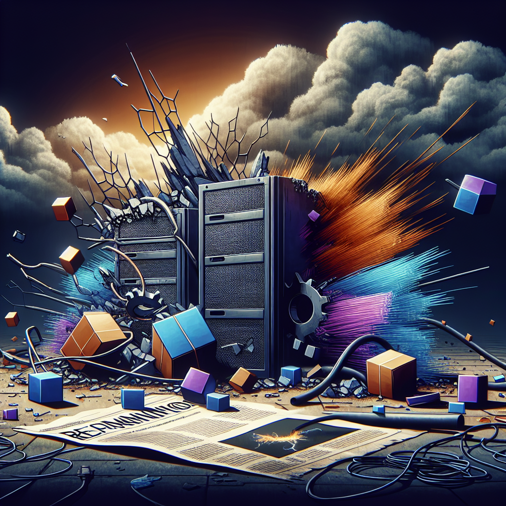 Visualize a crumbling version of typical representative technology objects related to e-commerce and search online. Show broken servers, scattered cubes representing data, snapped fiber optic cables, and a jammed gear in the emblematic colors of purple, blue, and orange. Depict dark clouds looming over this scene of devastation. On the foreground, illustrate a newspaper with the headline: 'Tech Giants Hit Hard: Devastating Layoffs at Google, Amazon, and More'. Try to express the overall mood as gloomy and downcast.