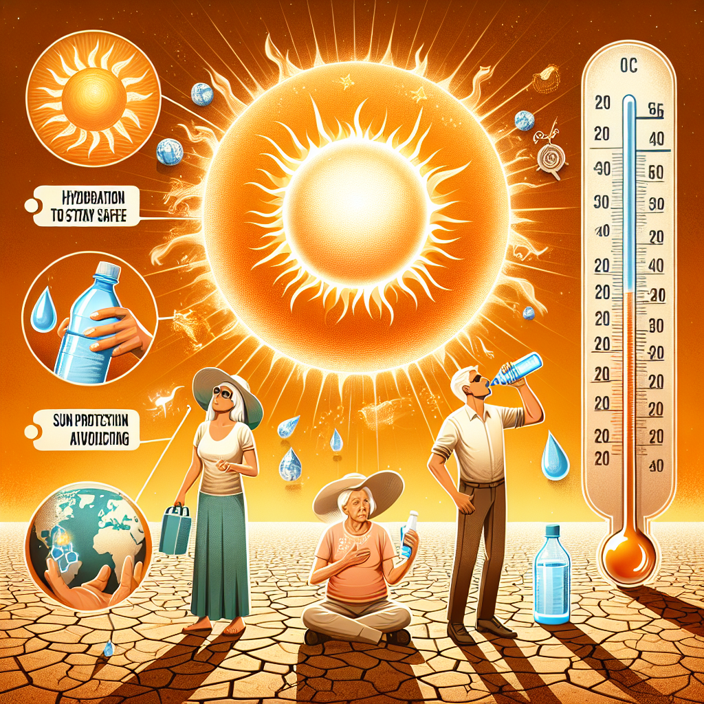 Scorching sun in the middle of the summer sky with shimmering heat waves rising from a dry, cracked earth. Foreground shows a Hispanic woman drinking water from a refillable bottle, a Middle Eastern man applying sunscreen, and a Caucasian elderly person in a light-colored hat for sun protection. Depict a digital thermometer on the side showing high temperature. The title 'Heatwave Crisis: Essential Tips to Stay Safe' is seen in bold, capitalized letters at the top, paired with bullet points highlighting hydration, sun protection, and maximum temperature avoidance.
