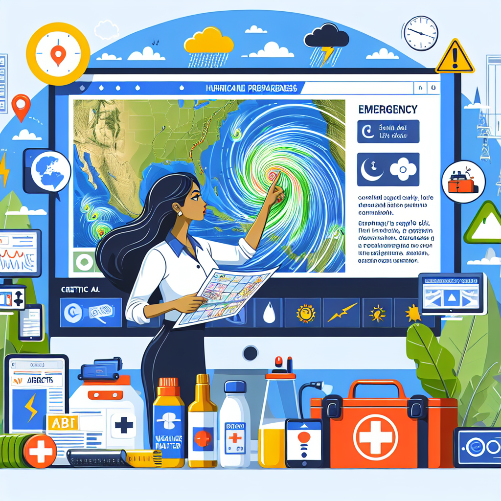 Create an illustrative scene about hurricane preparedness. The scene should feature a South Asian female meteorologist pointing at a detailed weather map that tracks an incoming hurricane. Around her, let's take note of some critical updates. These updates include an emergency supply kit together composed of food, water, a flashlight, a first aid kit, and other essential items on a table. Nearby, show it issuing emergency alerts on different platforms like a television screen, radio, smartphone, and computer. The scene must reflect the urgency and importance of such preparations during hurricane season.