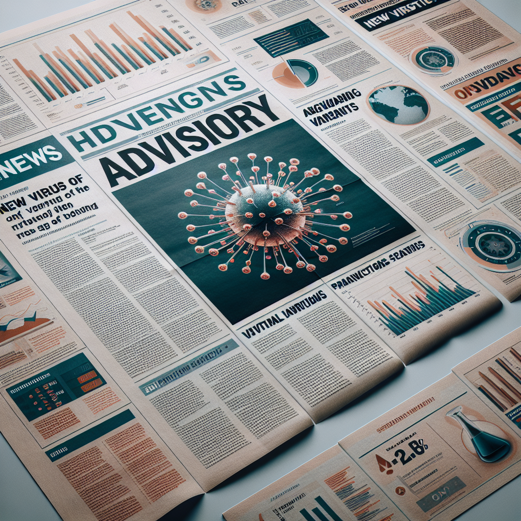 An image of a newspaper layout with headlines reflecting an urgent advisory from a health organization on new virus variants. The headlines are surrounded by related article snippets, graphs, and infographics detailing statistics, precautions, and advancements in medical research. There is a larger, serious logo of a health organization to convey importance. The overall tone of the image is sober and urgent, reflecting the significance of the news.