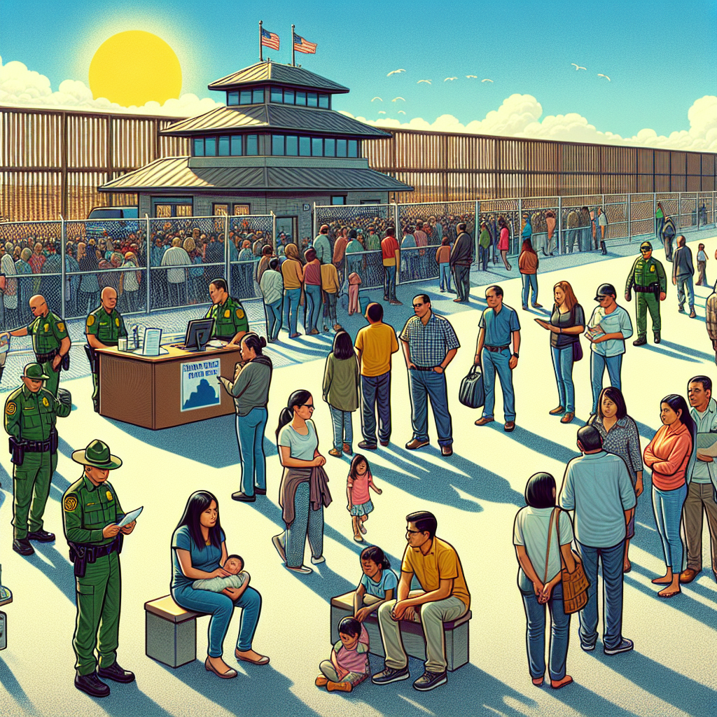 A detailed illustration of a calm border scene under a bright sunny sky. Border patrol officers, including a Middle-Eastern woman and an East Asian man, are efficiently directing a diverse mix of people seeking entry. People waiting in orderly lines, an info booth staffed by a Hispanic man answering questions, and families from various descents looking hopeful. On the background, a sturdy fence with no signs of damage or breaches, but with a few welcoming gates, symbolizing tightly controlled yet open borders. Include text banners stating 'US Immigration Policy Changes' and 'Positive Impact on Border Security'.