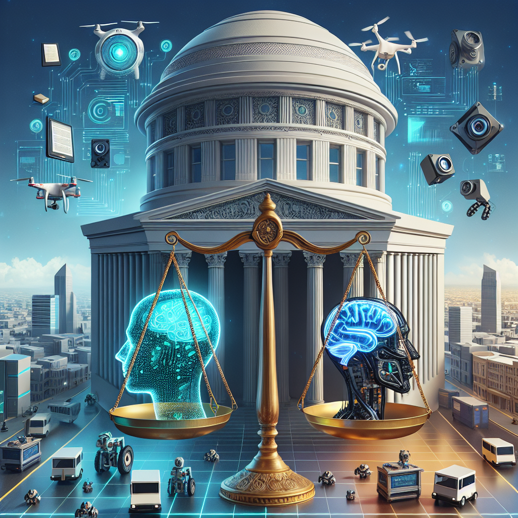 A symbolic image related to regulations on Artificial Intelligence. Depict a grand building that represents a central governing body, overlooking a futuristic city filled with signs of advanced technology, such as autonomous vehicles, drones, and robots performing various tasks. In the foreground, portray a set of scales, emblematic of justice, where one side holds a concept representing AI, such as a cybernetic brain or a robotic hand, while the other side holds a document symbolizing legal regulation. The image should have a balance between the variances of technology and legal framework.