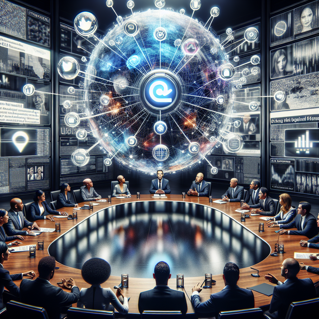 A scene set in a technologically advanced boardroom, filled with various individuals engaged in an intense debate. Visualization of digital spheres abstractly representing various tech companies floats above a large round table where their representatives sit. A prominent sphere with the logo of a popular short video-sharing app, not specified but akin to a clock, is brightly lit up, symbolizing escalating tensions. Screen walls display various news headlines and comments related to tech-based restrictions. All board members, Black, White, Hispanic, Middle-Eastern and South Asian men and women, put forth their respective viewpoints passionately.