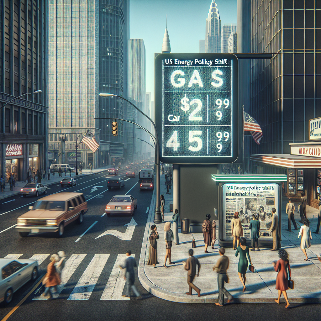 Visualize a scene displaying a large electronic billboard at a busy intersection in a city. The board shows the latest gas prices, significantly lower than before, illustrating a drastic fall. Display the cityscape in broad daylight, with people of various descents such as Caucasian, Hispanic, Black, Middle-Eastern, South Asian walking by. Some are glancing back at the billboard, expressing surprised reactions. On a nearby newsstand, a newspaper headline reads 'US Energy Policy Shift.' Add details such as vehicles refueling at nearby gas stations and pedestrians hurrying across crosswalks, reflecting the dynamics of city life.